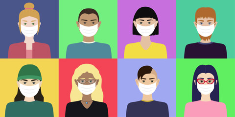 Young people cartoon avatar vectors wearing face mask