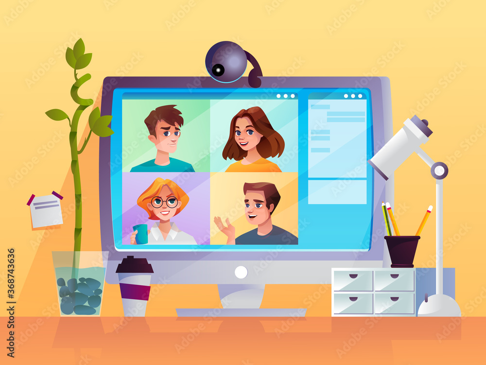 Poster computer display with web camera and cartoon people. conference video call technology or internet ch