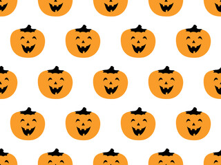 Happy Halloween. Seamless pattern with pumpkins on white background. Vector illustration. For modern background decoration, cards, banners, wrappings, holiday designs, prints, textiles, fabrics, etc.