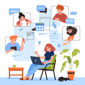 Online Meeting Vector Illustration Design. Woman With Laptop At Remote Work Conference. Virtual Video Study Or Education, Business Planning. Flat Cartoon People Discussion. Home Office Concept.