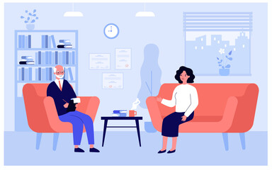 Patient sitting on sofa and talking with therapist isolated flat vector illustration. Professional doctor counseling during session in clinic. Psychotherapy and healthcare concept