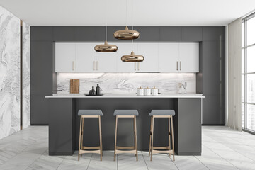 White and grey kitchen with bar
