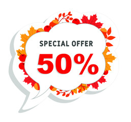 Autumn sale background with 50 percent discount. Discount price tag. Special autumn sale with autumn leaves. Set of sale banners. Isolated background. Banner, flyer, invitation, poster, brochure.