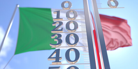 Minus 20 degrees centigrade on a thermometer measuring air temperature near flag of Italy. Cold weather forecast related 3D rendering
