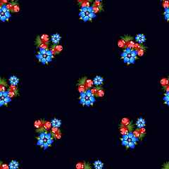 Seamless pattern of berries, flowers . Hand drawn floral ornament. Design for textile, paper, packaging, bedding from colorful doodle elements in folk style. Vector illustration