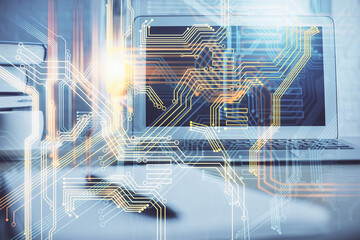 Multi exposure of table with computer and world map hologram. International data network concept.