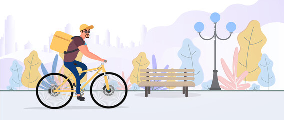 Food delivery by bike. The guy on a bicycle rides in the park. Bicycle delivery concept. Vector stock illustration.