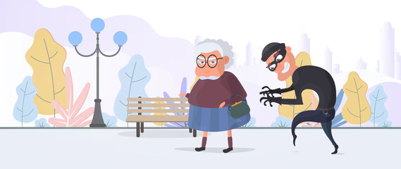 Thief and Senior Woman. The thief stole a handbag from an old woman. The concept of fraud, robbery. Robbery in the park. Cartoon flat vector illustration.