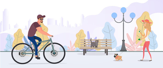 Vector illustration of a summer city park. A girl with a dog walks in the park.
The guy on the bike.