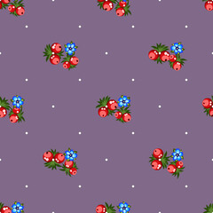 Fototapeta na wymiar Seamless pattern of berries, flowers . Hand drawn floral ornament. Design for textile, paper, packaging, bedding from colorful doodle elements in folk style. Vector illustration