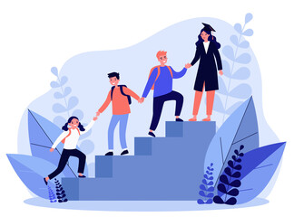 Students helping each other to climb upstairs. High school graduate, holding hands, team of friends flat vector illustration. Education, teamwork concept for banner, website design or landing web page - obrazy, fototapety, plakaty