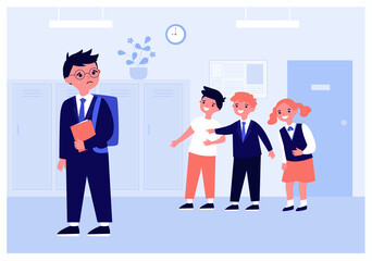 Kids laughing on crying boy in school corridor isolated flat vector illustration. Children scaring sad lonely nerd. Bullying in school and social problem concept