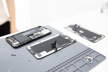 Workplace foreman service for repairing mobile phones, tools screwdriver, pliers mat