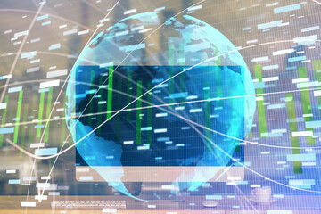 Multi exposure of business theme icons and table with computer background. Concept of success.