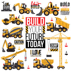 Range of construction machinery. Positive motivation quote, slogan. Decoration for children's room boy for theme parties for birthdays, invitations, website, mobile applications