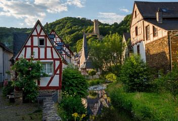 Monreal, Germany - July 11, 2020 :Half-timbered houses at the creek