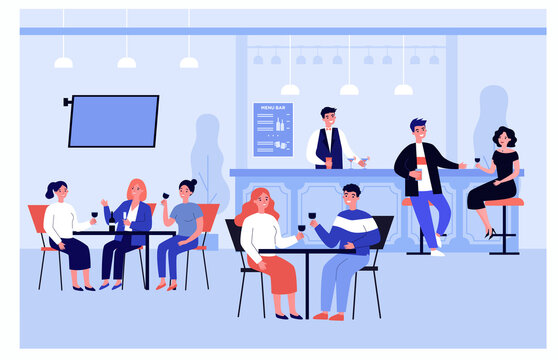 Happy people meeting in pub or bar for dinner, drinking and eating isolated flat vector illustration. Cartoon friends sitting in cafe with wine. Weekend and lifestyle concept