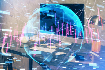 Multi exposure of forex graph and work space with computer. Concept of international online trading.