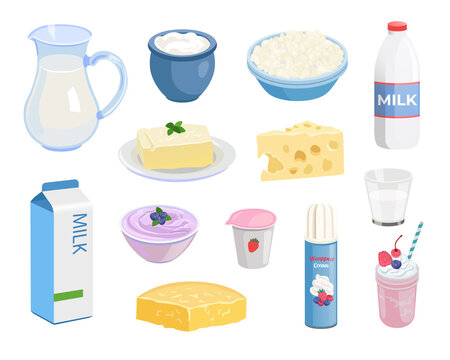 Milk food set. Bottle and cardboard pack of milk, bowl with curd, slice of cheese, yogurt cup, butter brick, sour cream in pot. Vector illustration for dairy product, breakfast, healthy food concepts