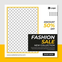 Set of Editable minimal square banner template. Black and yellow background color with stripe line shape. Suitable for social media post and web internet ads. Vector illustration with photo college.