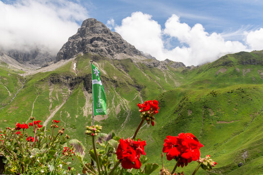 Oberstdorf, Germany - July 4, 2020: View of Muttlerkopf from Kemptner hut