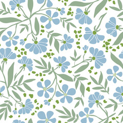 Vector seamless floral texture. Endless pattern with simple blue flowers. Print for wallpaper, wrapping paper, web page background, surface design