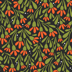 Vector floral seamless illustration on dark background. Surface design, wrapping paper, scrapbooking