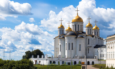 Fototapeta na wymiar Church of the Assumption Cathedral in Vladimir in the summer. Gold ring of Russia. Sky with clouds.