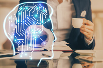Brain multi exposure icon with man hands background.