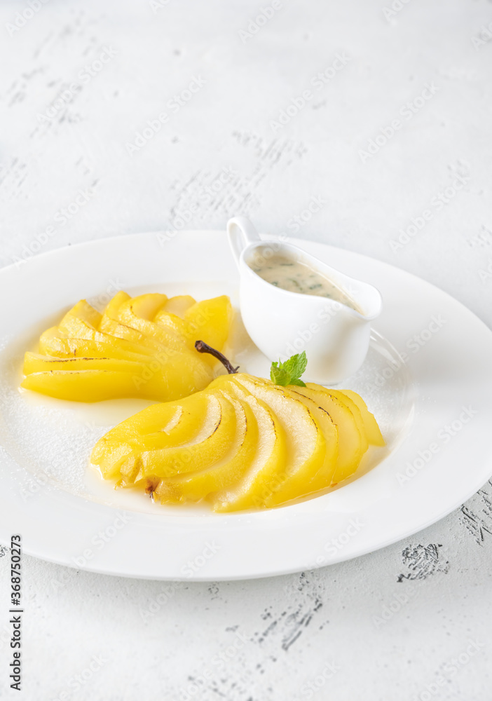 Sticker saffron poached pears