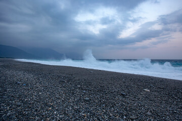 Pacific ocean wave crash on Qixingtan beach of Hualien county, Taiwan.