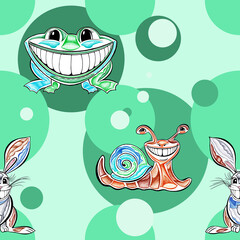 Seamless pattern with hand drawn frog, rabbit and snail on magic mint color background and green polka dot.
