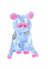 watercolor illustration of a blue soft stuffed toy pig sitting with a pink nose, ears and hooves isolated on a white background.