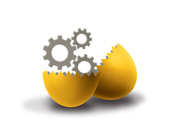 Gear symbol inside a golden broken egg on white background. business success concept - 368751498