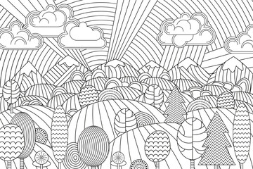 Landscape of geometric elements with lines. Anti stress coloring.
Tribal retro doodle vector illustration. Sunset, clouds, mountains, hills, trees.