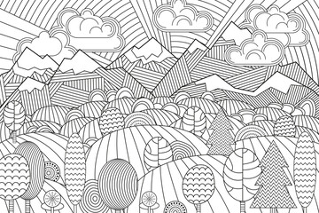 Landscape of geometric elements with lines. Anti stress coloring.
Tribal retro doodle vector illustration. Sunset, clouds, mountains, hills, trees.