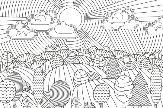 Landscape of geometric elements with lines. Anti stress coloring.
Tribal retro doodle vector illustration. Sunset, clouds, mountains, hills, trees.