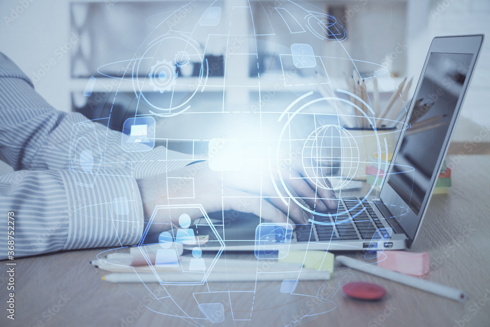 Poster social network theme hologram with businessman working on computer on background. concept of world w