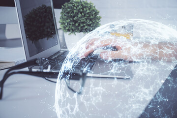 Fototapeta na wymiar Social network theme hologram with businessman working on computer on background. Multi exposure.