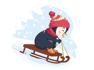 Funny penguin sledding