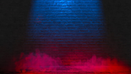 Brick wall, grunge black background, neon light and smoke effect. 3d rendering © vpanteon