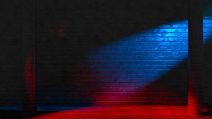Brick wall in night club or bar, grunge black background, neon light blue and red colors. 3d rendering
