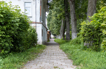 Empty sidewalk in ancient town of Suzdal