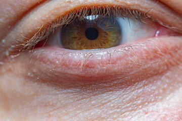 Close-up of the eyelid and eyes with a contact lens on, in soft focus at high magnification under a microscope.