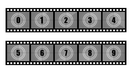 Obraz premium Sepia film strip and countdown vector illustration. Vintage retro movie.