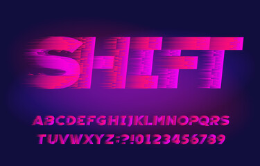 Shift alphabet font. Fast speed effect letters and numbers. Abstract blurred background. Stock vector typeface for your design in sport style.