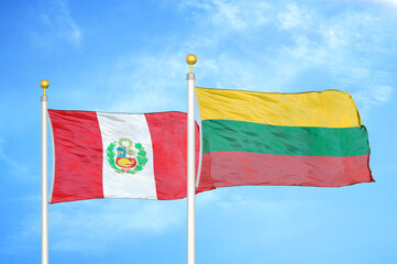 Peru and Lithuania two flags on flagpoles and blue sky