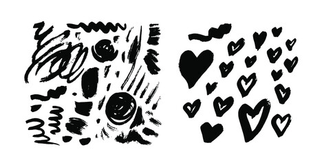 Brush stroke elements isolated. Ink painting. Cute, funny sketch. Children, kids hand drawing. Geometric elements. Set collection. Vector. Black and white, monochrome. Trendy, modern artwork