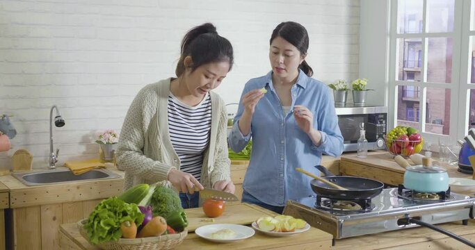 cooking and home concept. asian chinese female cutting tomato on wooden board on counter with sharp knife while friend standing and eating sweet fresh apple. group of girl roommates prepare meal