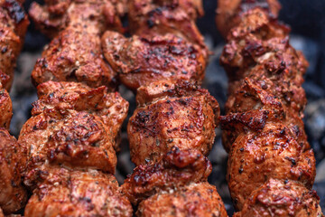 Delicious shish kebab is prepared on the grill